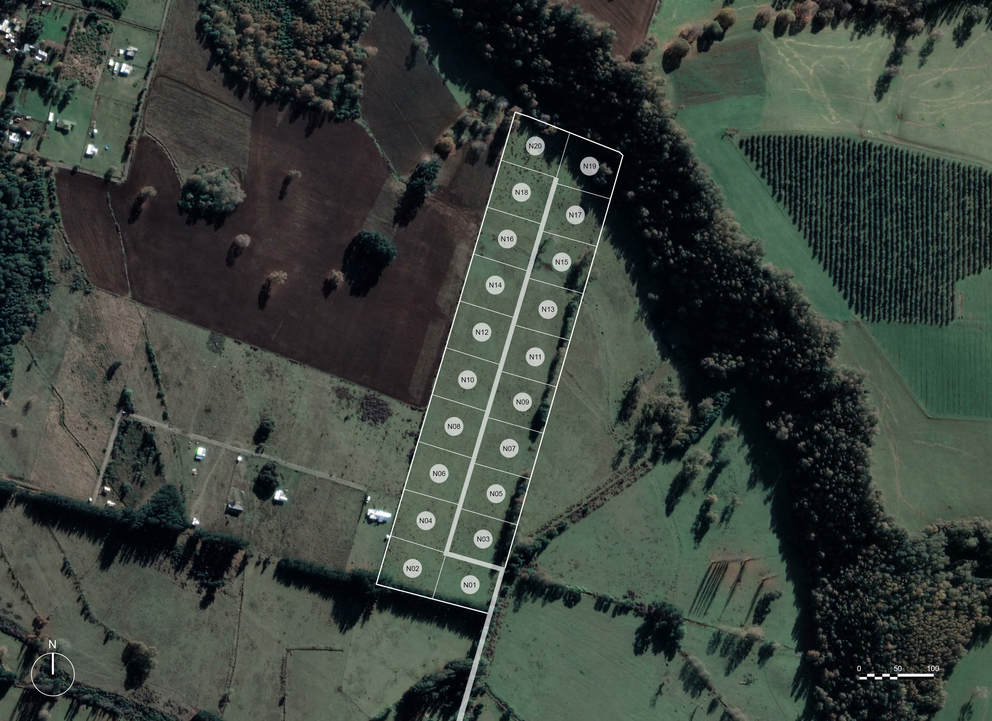 Vista aérea de parcelas con bosque nativo y montañas